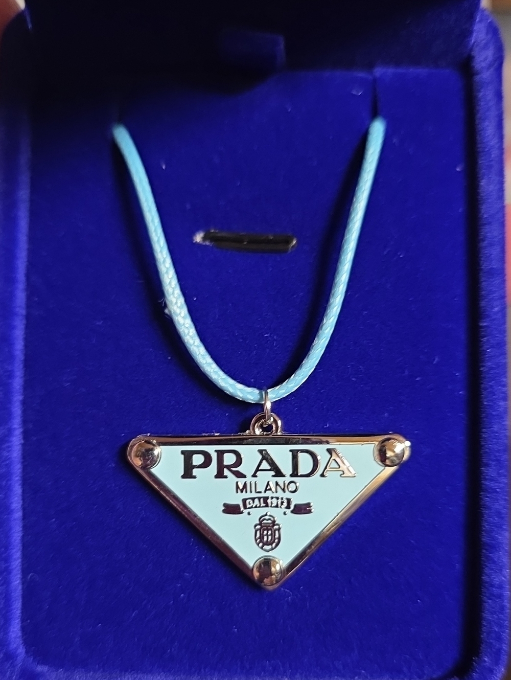 Prada Sky Blue Triangle Logo Charm With Free Leather Wax Coated 18" Necklace